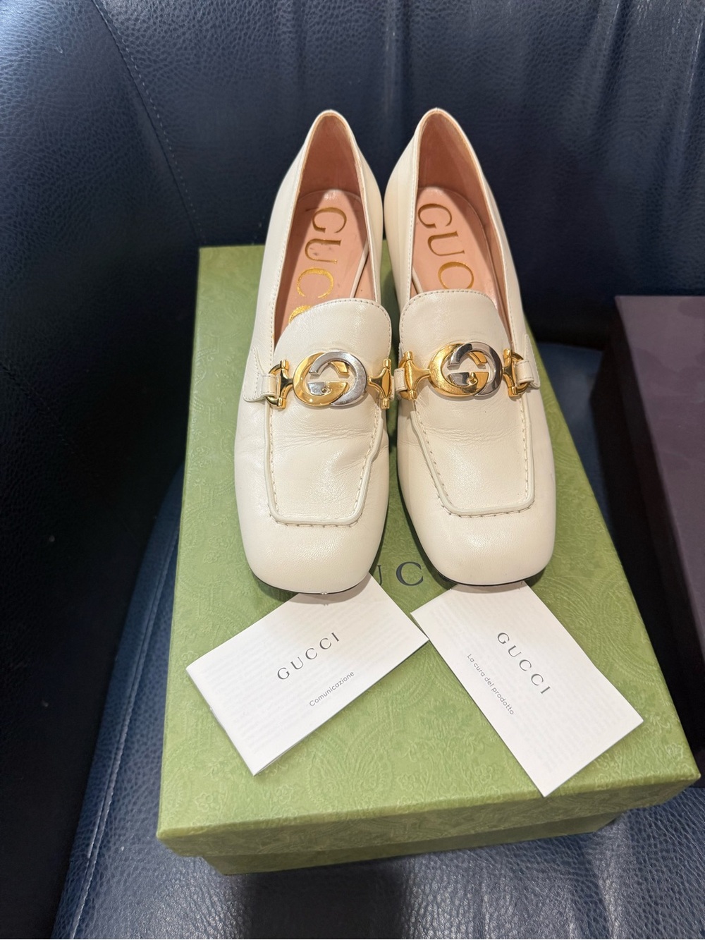Gucci Cream Leather Horsebit Square-Toe Loafers